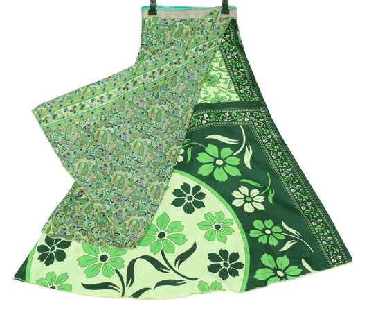 Sushila Vintage Green Floral Magic Wrap Reversible Skirt Art Silk Saree Beach Dress