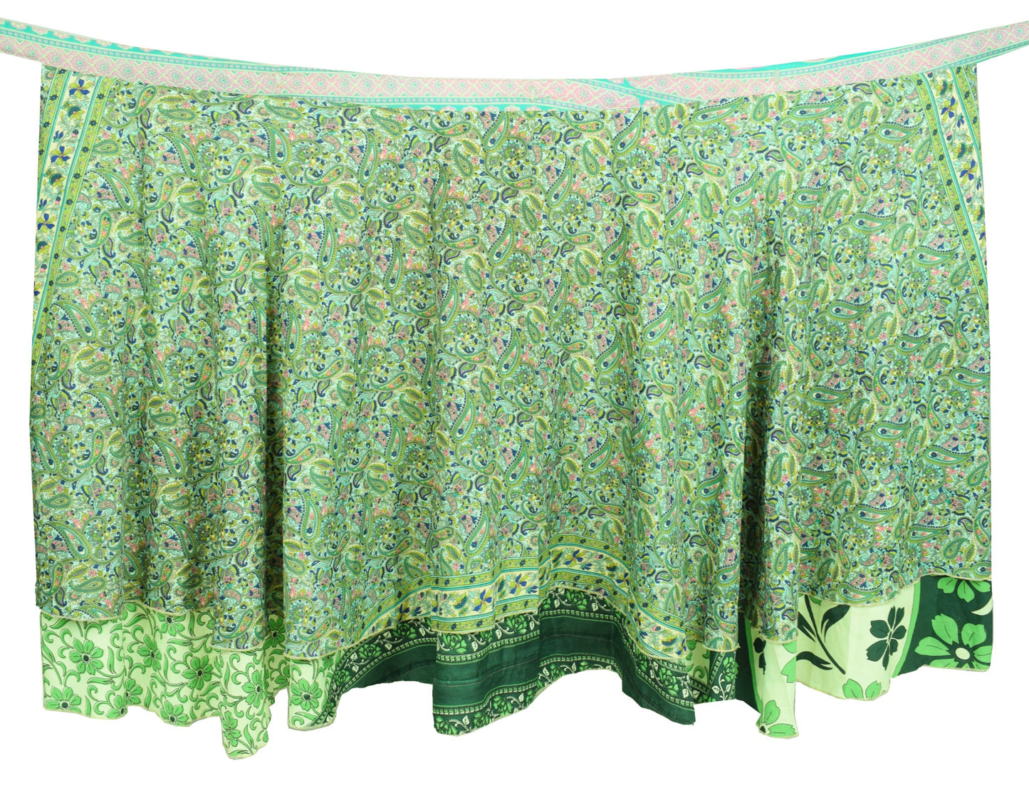 Sushila Vintage Green Floral Magic Wrap Reversible Skirt Art Silk Saree Beach Dress