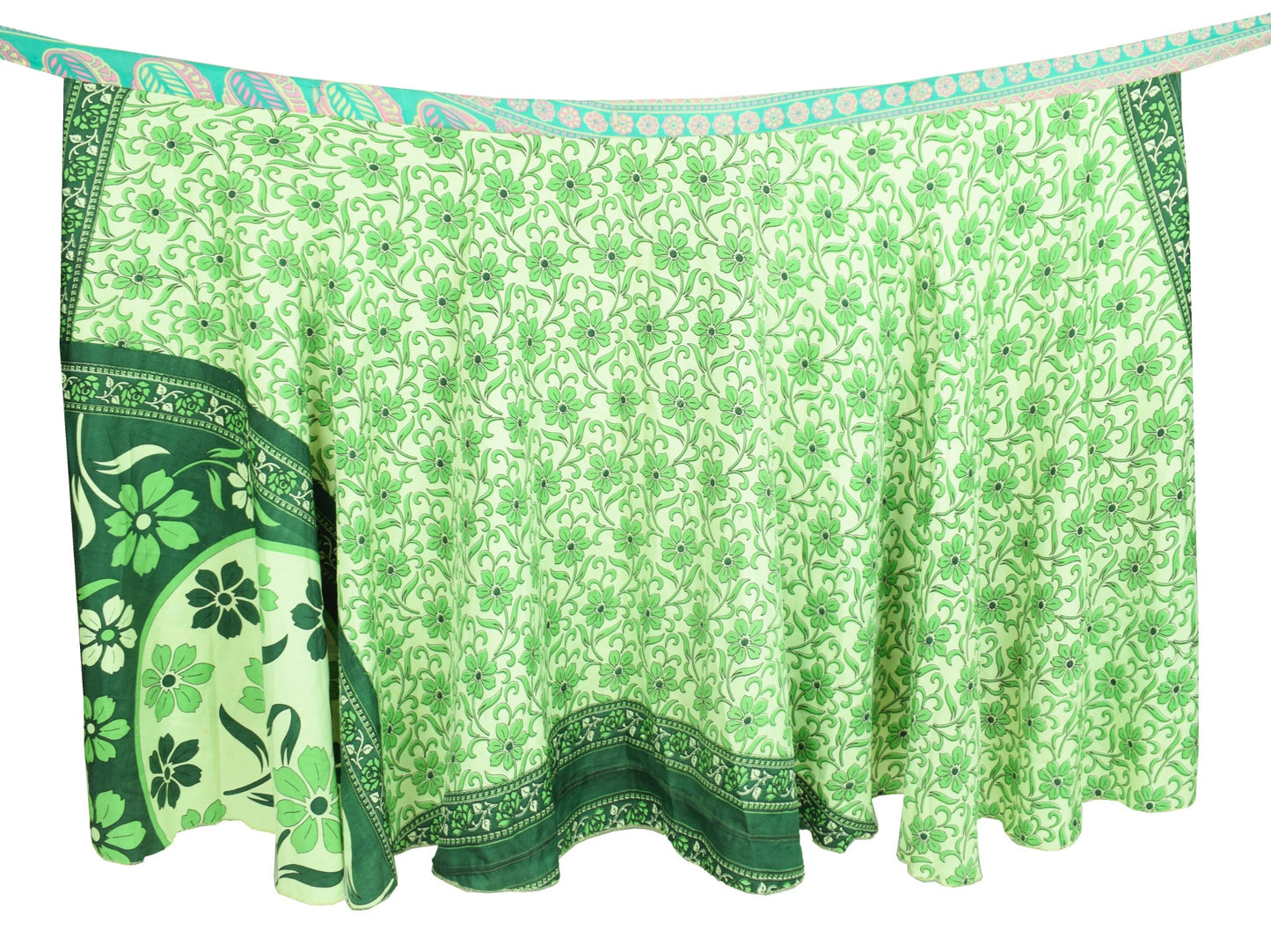 Sushila Vintage Green Floral Magic Wrap Reversible Skirt Art Silk Saree Beach Dress