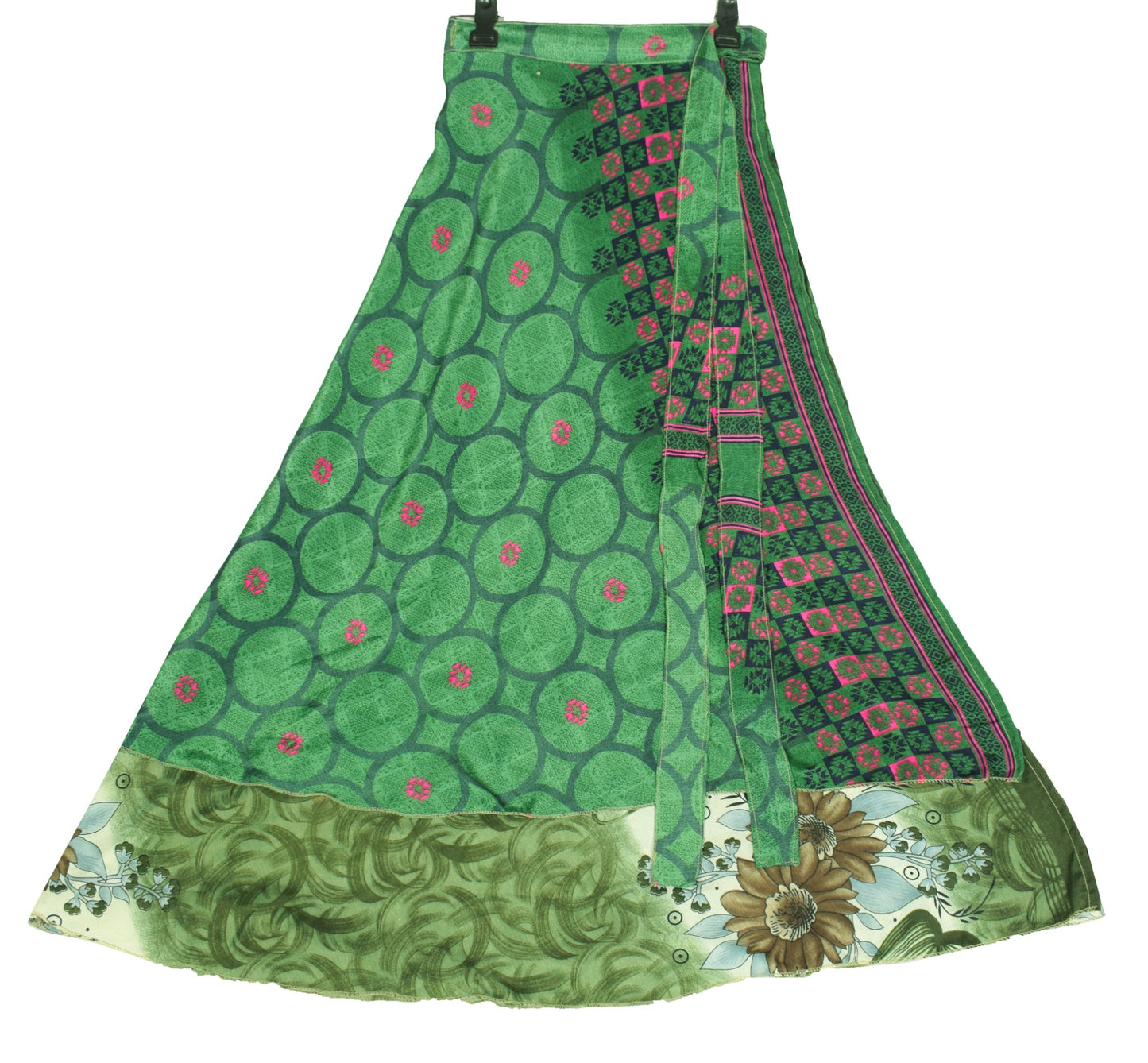 Sushila Vintage Art Silk Saree Magic Wrap Reversible Skirt BeachDress Green Boho