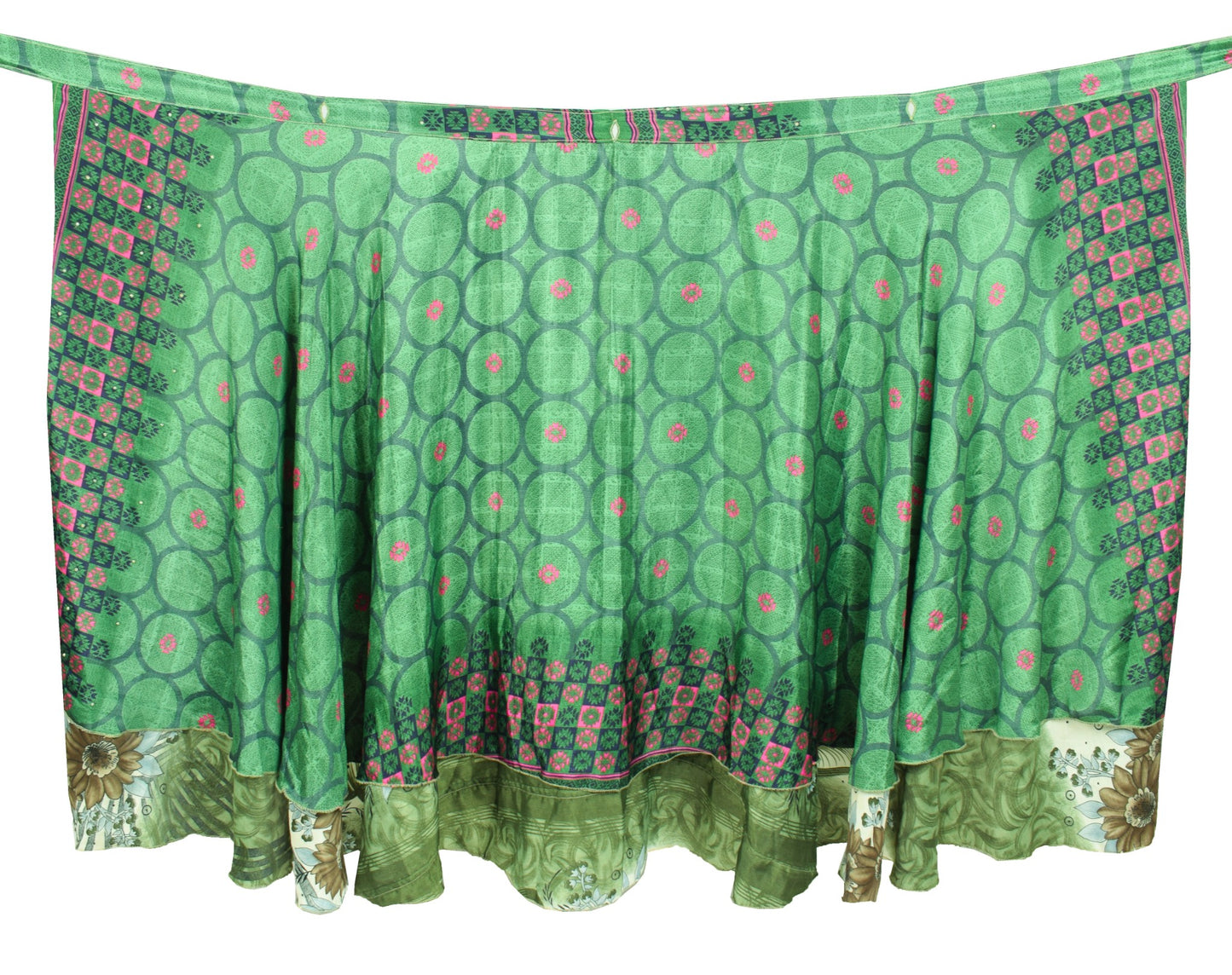 Sushila Vintage Art Silk Saree Magic Wrap Reversible Skirt BeachDress Green Boho