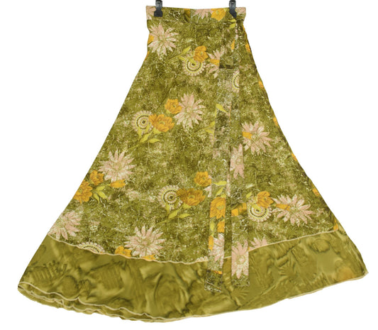 Sushila Vintage Silk Saree Magic Wrap Reversible Skirt Floral Green Beach Dress