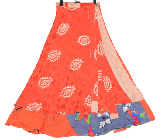 Sushila Vintage Art Silk Saree Magic Wrap Reversible Skirt Beach Dress Orange