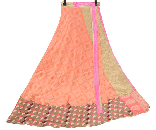 Sushila Vintage Art Silk Saree Peach Magic Wrap Reversible Skirt Beach Dress