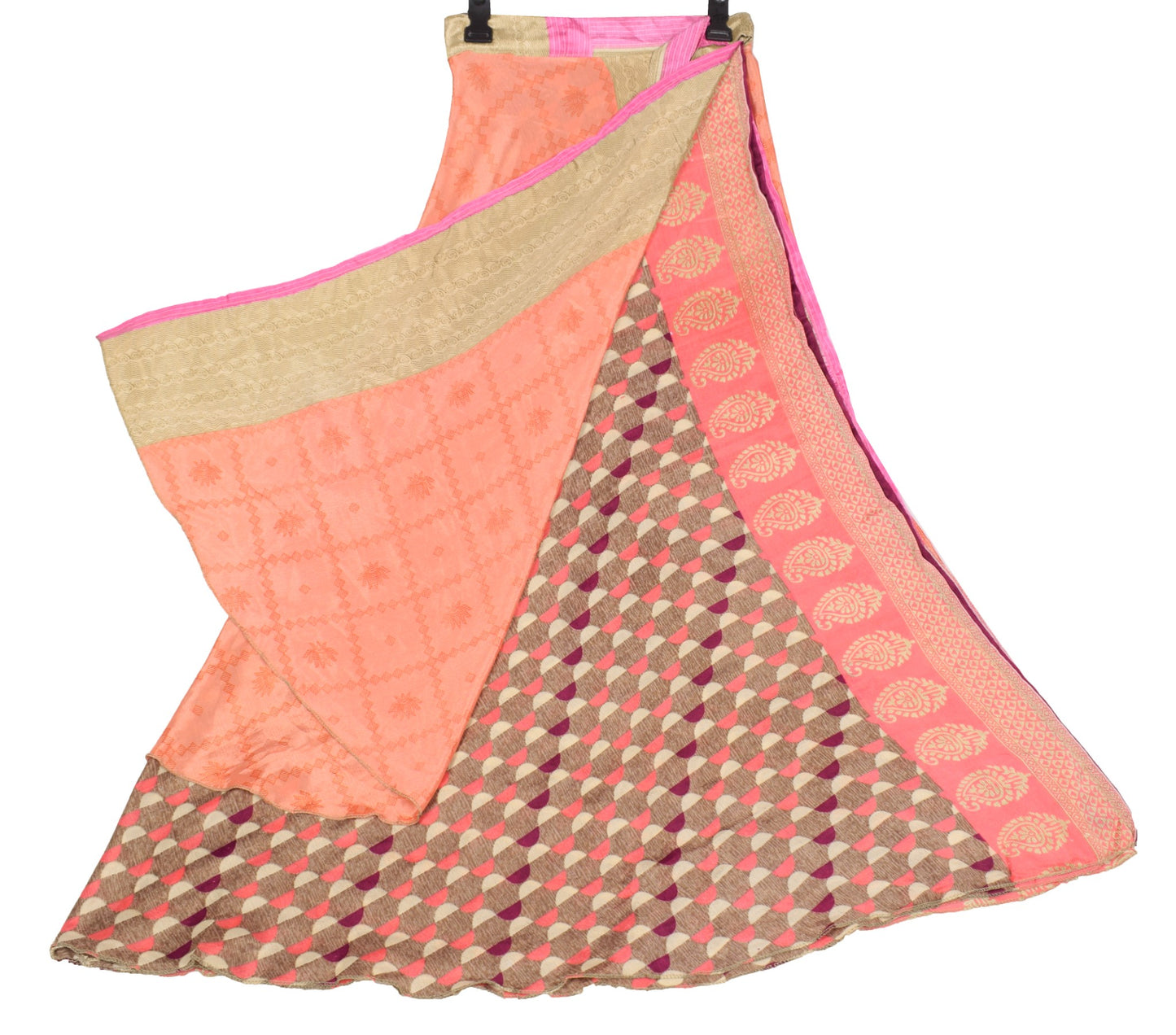 Sushila Vintage Art Silk Saree Peach Magic Wrap Reversible Skirt Beach Dress