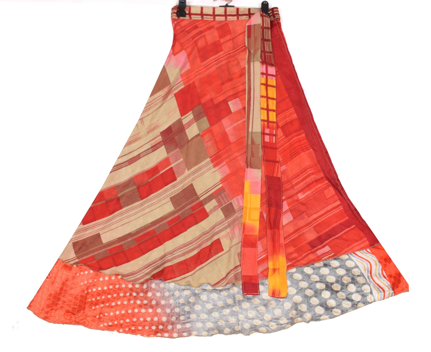 Sushila Vintage Art Silk Saree Magic Wrap Reversible Skirt Red & Gray Beach Dress