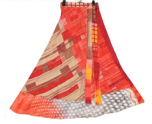 Sushila Vintage Art Silk Saree Magic Wrap Reversible Skirt Red & Gray Beach Dress