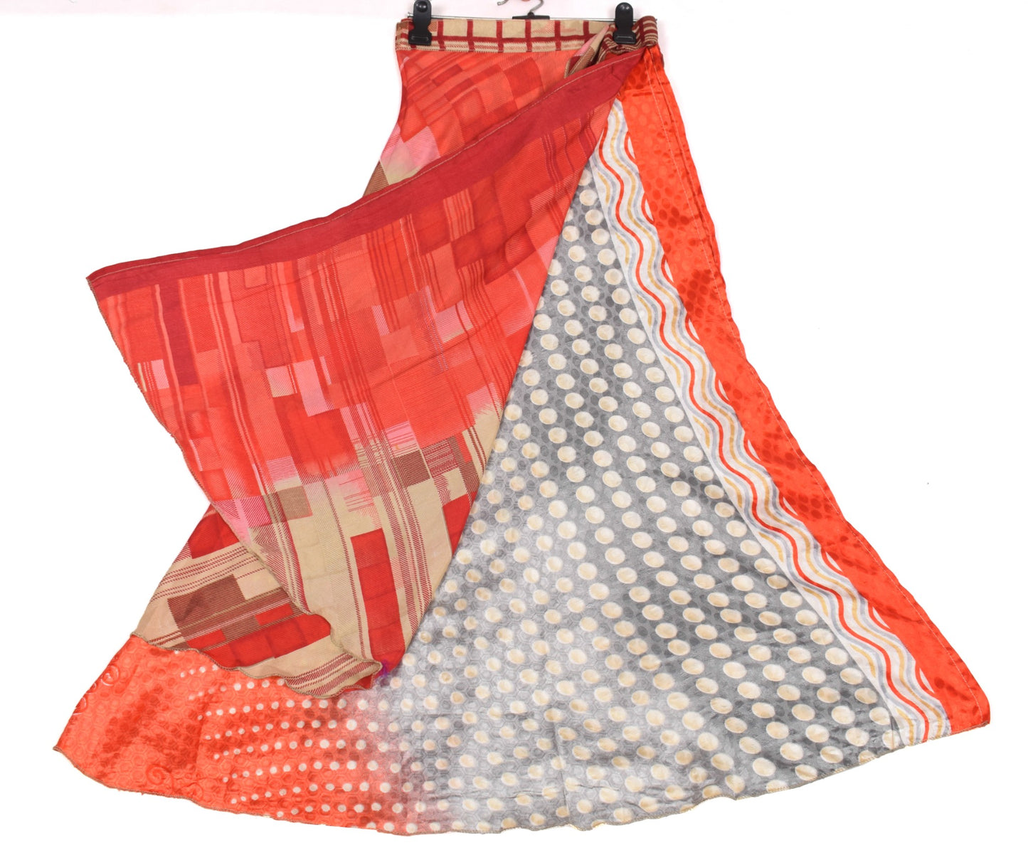 Sushila Vintage Art Silk Saree Magic Wrap Reversible Skirt Red & Gray Beach Dress