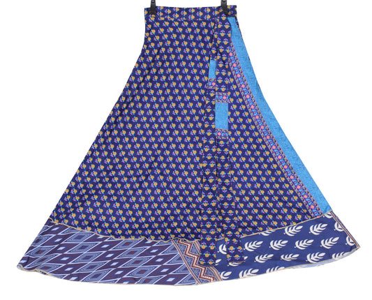 Sushila Vintage Art Silk Saree Magic Wrap Reversible Floral Blue Skirt Beach Dress