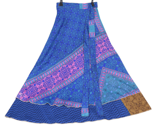 Sushila Vintage Art Silk Saree Magic Wrap Reversible Skirt Beach Dress Blue Boho