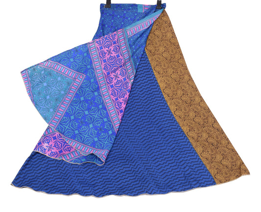 Sushila Vintage Art Silk Saree Magic Wrap Reversible Skirt Beach Dress Blue Boho