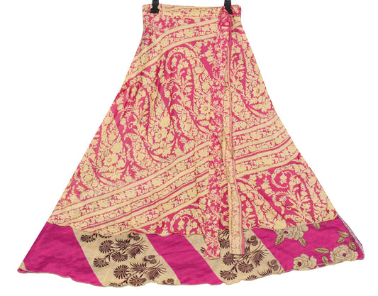 Sushila Vintage Art Silk Saree Magic Wrap Reversible Skirt Magenta Cream Beach Dress