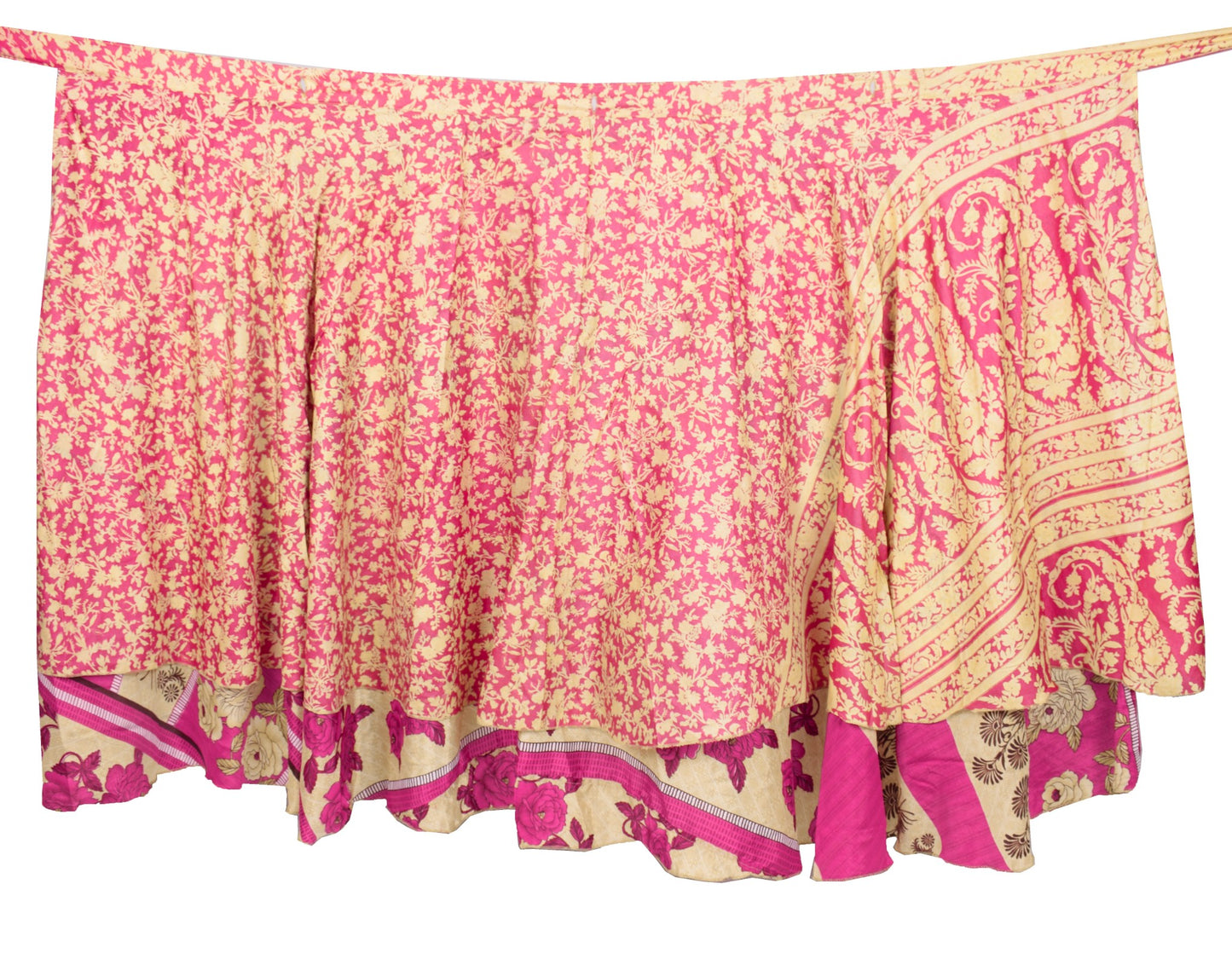 Sushila Vintage Art Silk Saree Magic Wrap Reversible Skirt Magenta Cream Beach Dress