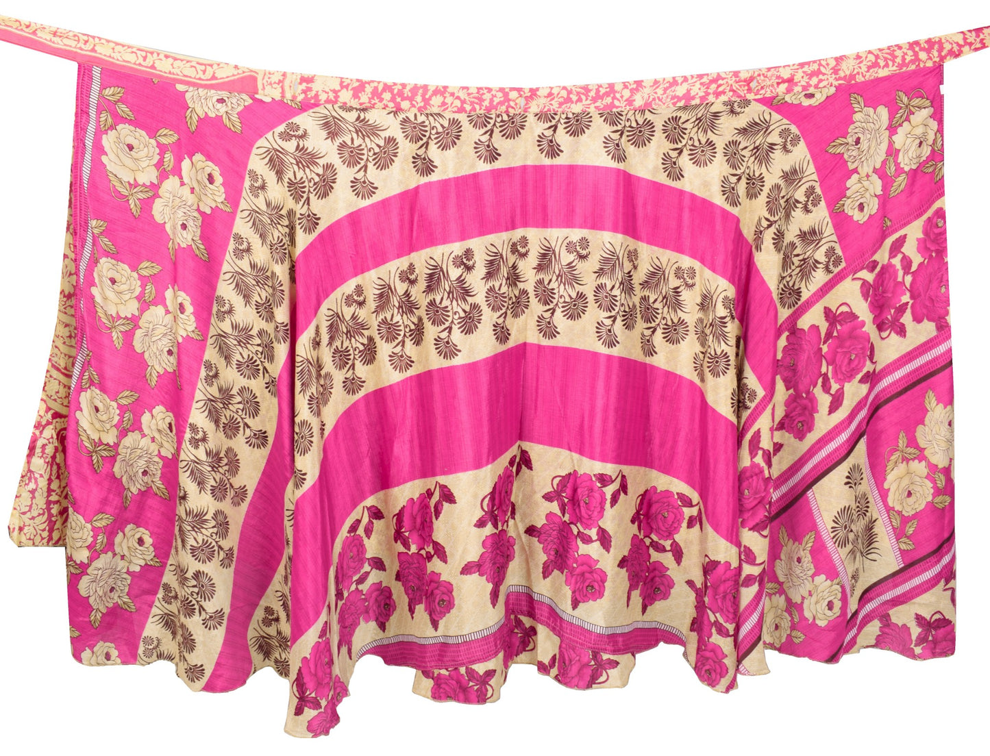 Sushila Vintage Art Silk Saree Magic Wrap Reversible Skirt Magenta Cream Beach Dress