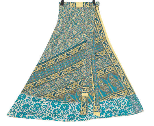 Sushila Vintage Art Silk Saree Magic Wrap Reversible Skirt Teal Blue BeachDress