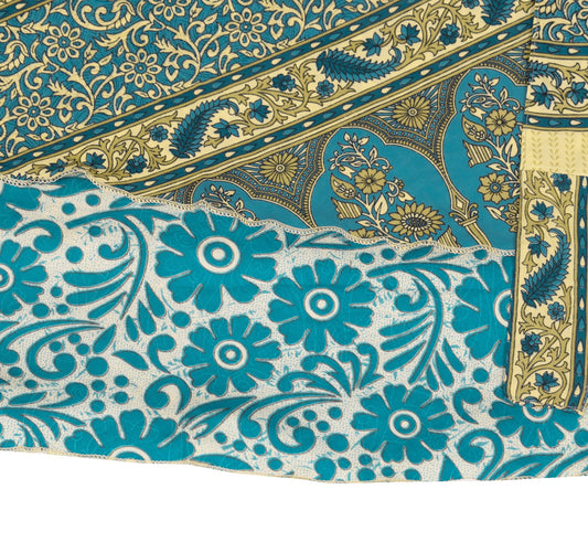 Sushila Vintage Art Silk Saree Magic Wrap Reversible Skirt Teal Blue BeachDress