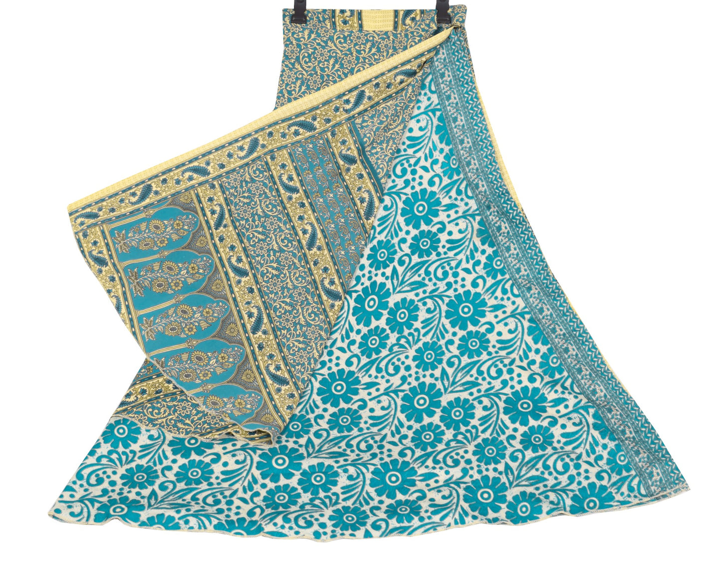 Sushila Vintage Art Silk Saree Magic Wrap Reversible Skirt Teal Blue BeachDress