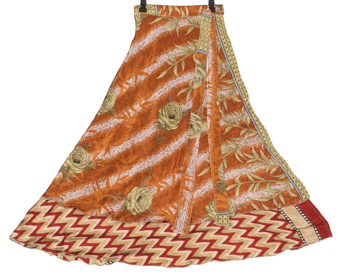 Sushila Vintage Art Silk Saree Magic Wrap Reversible Skirt Red Brown BeachDress