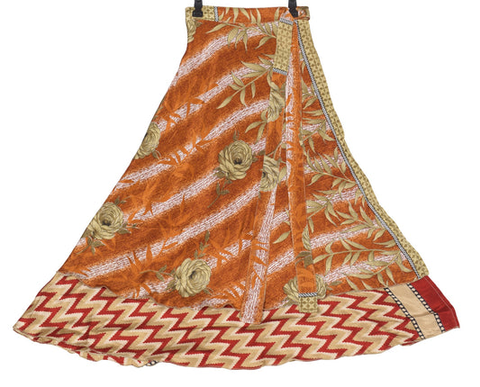 Sushila Vintage Art Silk Saree Magic Wrap Reversible Skirt Red Brown BeachDress