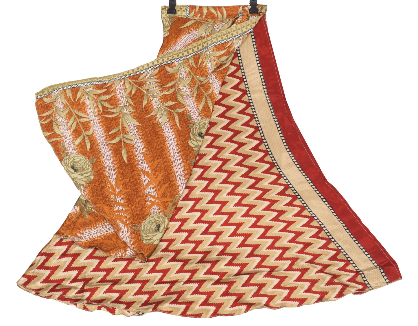 Sushila Vintage Art Silk Saree Magic Wrap Reversible Skirt Red Brown BeachDress