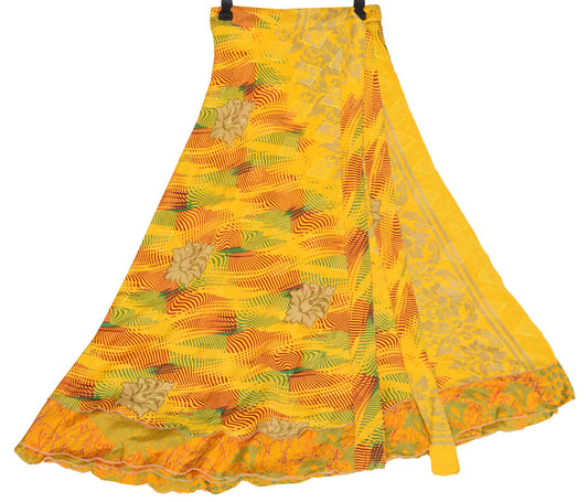 Sushila Vintage Yellow Saree Magic Wrap Reversible Skirt Art Silk Beach Dress