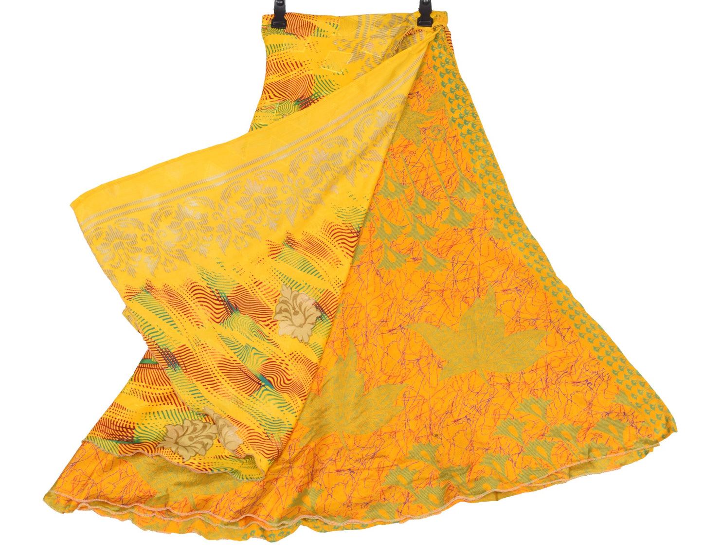 Sushila Vintage Yellow Saree Magic Wrap Reversible Skirt Art Silk Beach Dress