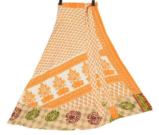 Sushila Vintage Cream Saree Magic Wrap Reversible Skirt Floral Art Silk Beach Dress