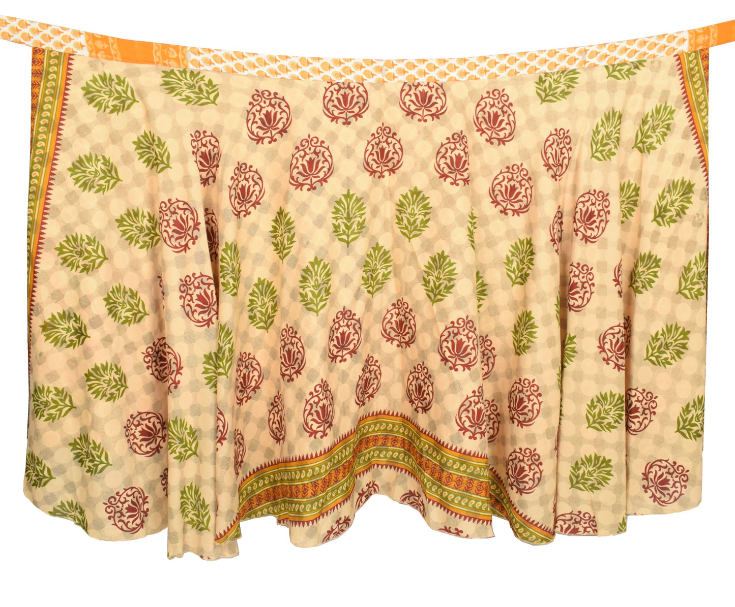 Sushila Vintage Cream Saree Magic Wrap Reversible Skirt Floral Art Silk Beach Dress