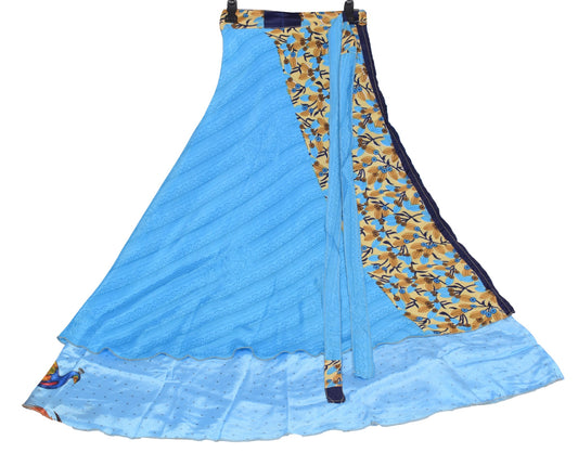 Sushila Vintage Art Silk Saree Magic Wrap Reversible Skirt Sky Blue Beach Dress