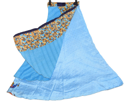 Sushila Vintage Art Silk Saree Magic Wrap Reversible Skirt Sky Blue Beach Dress