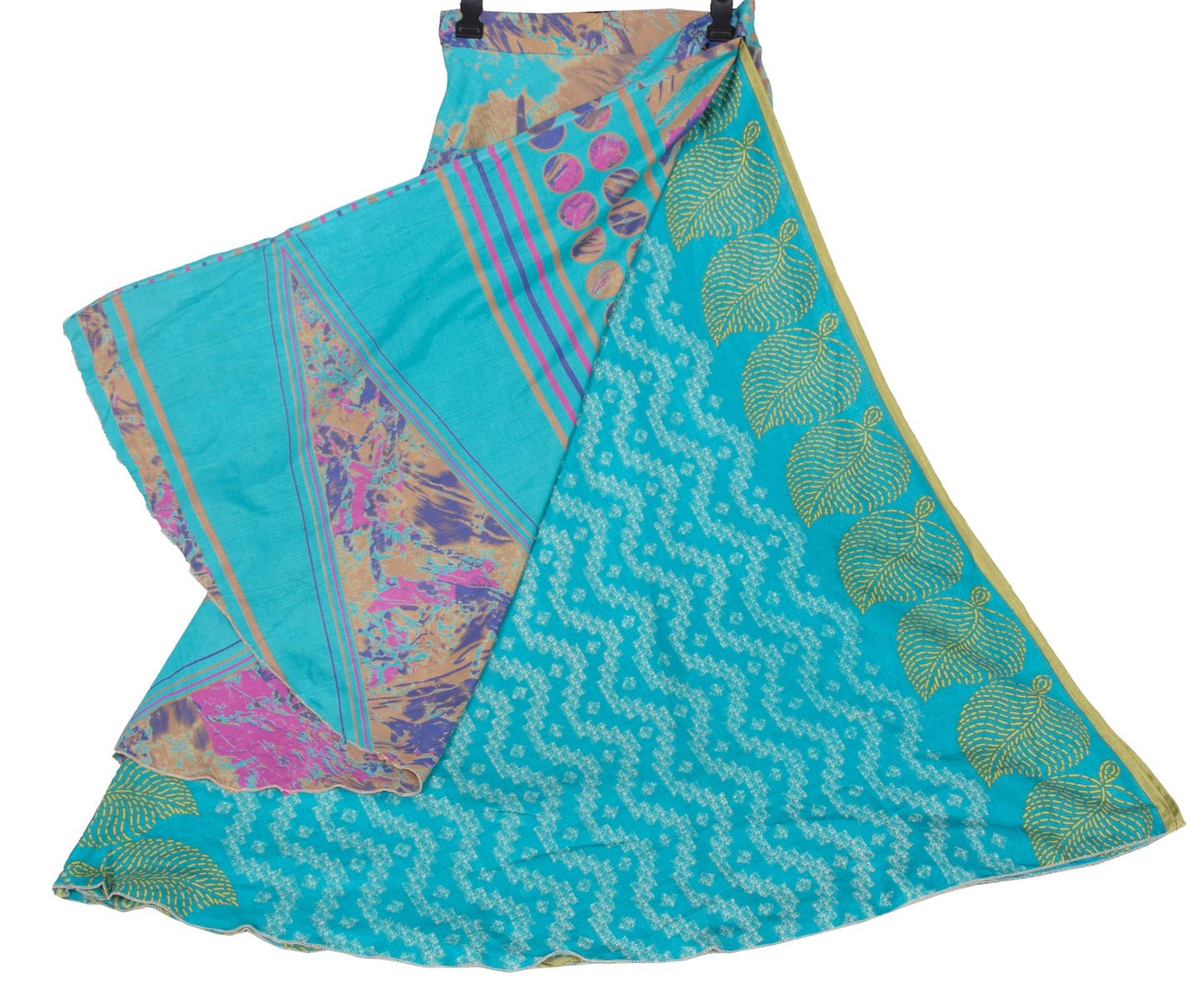 Sushila Vintage Turq- Blue Saree Magic Wrap Reversible Skirt Art Silk Beach Dress