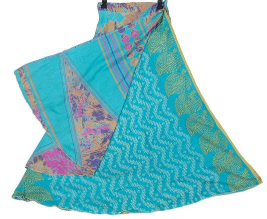 Sushila Vintage Turq- Blue Saree Magic Wrap Reversible Skirt Art Silk Beach Dress