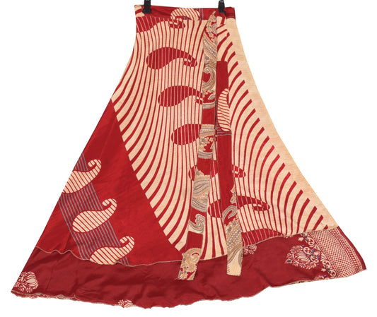 Sushila Vintage Red Art Silk Saree Magic Wrap Reversible Skirt Boho Beach Dress