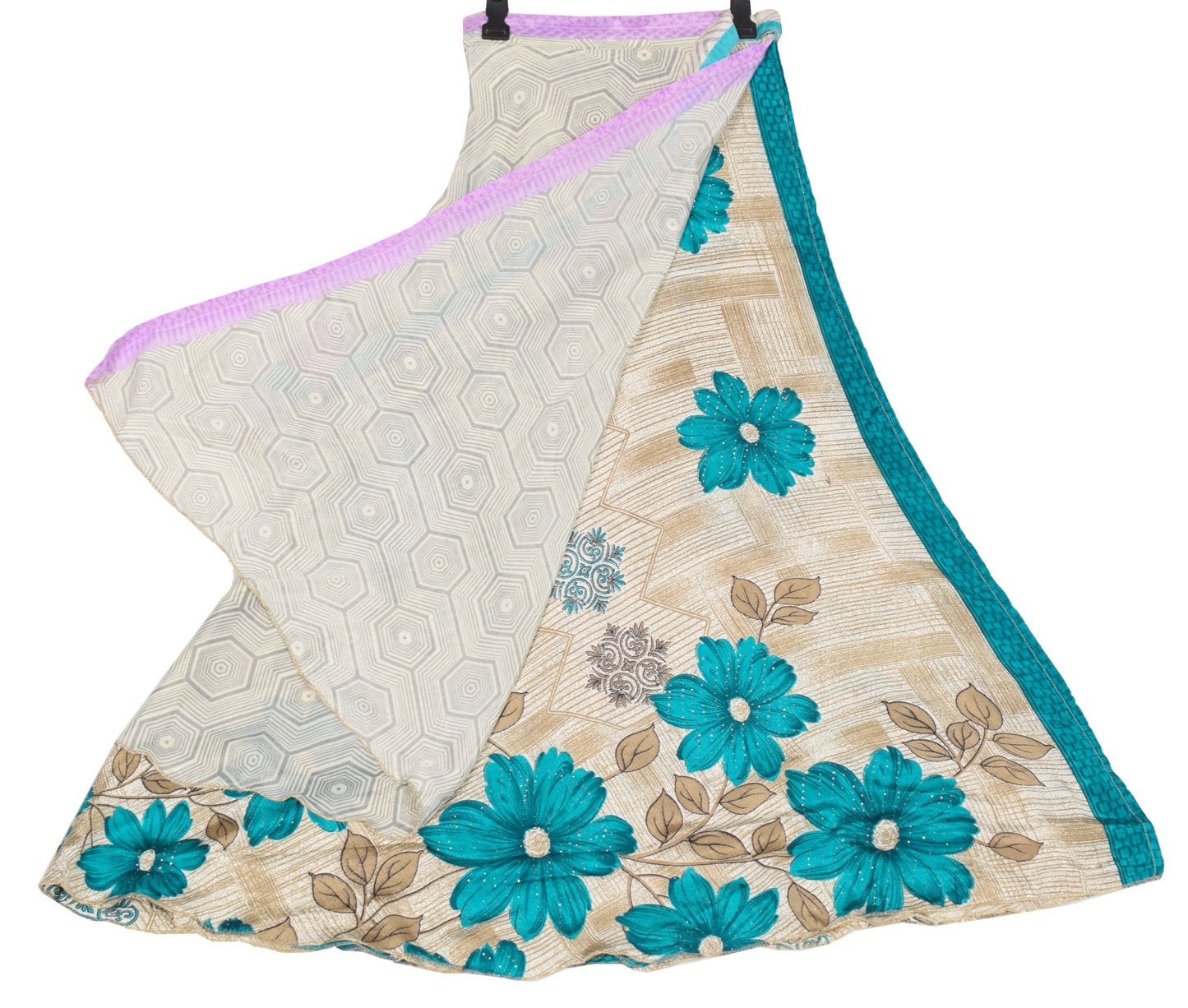 Sushila Vintage Cream Saree Magic Wrap Floral Reversible Skirt Art Silk Beach Dress