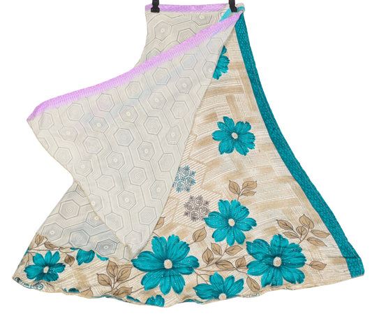 Sushila Vintage Cream Saree Magic Wrap Floral Reversible Skirt Art Silk Beach Dress