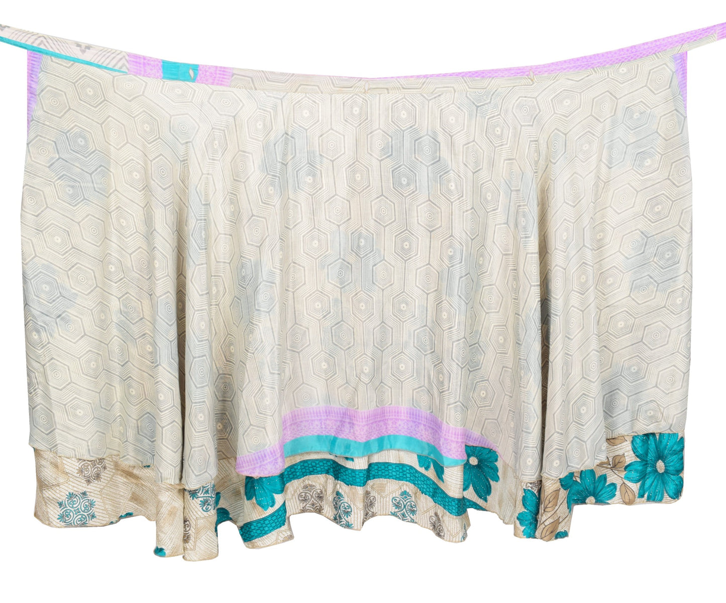 Sushila Vintage Cream Saree Magic Wrap Floral Reversible Skirt Art Silk Beach Dress