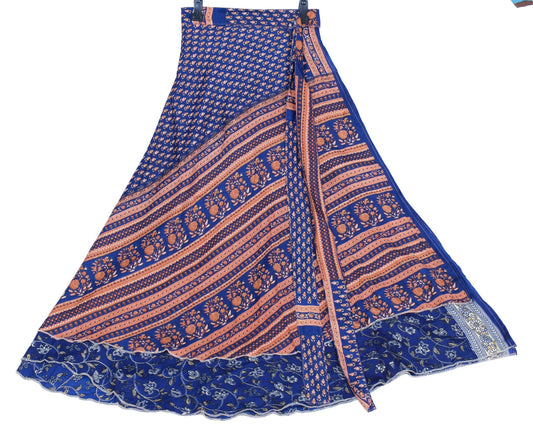 Sushila Vintage Art Silk Saree Magic Wrap Reversible Blue Boho Skirt BeachDress