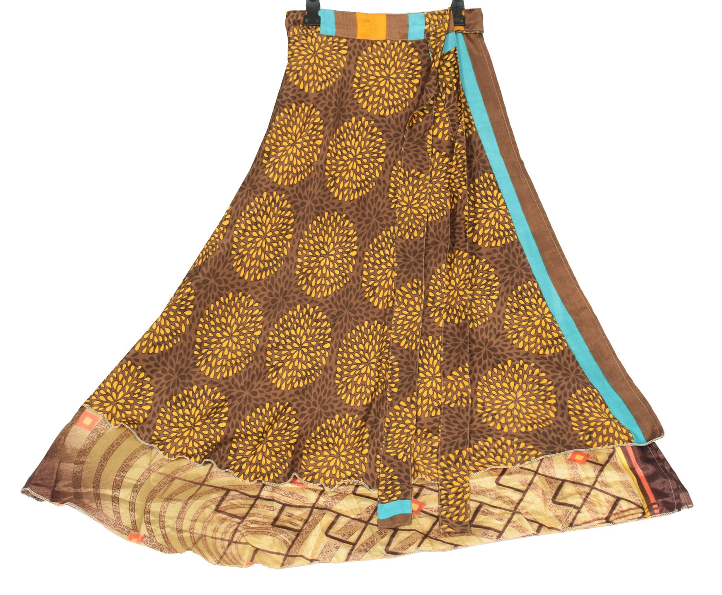 Sushila Vintage Brown Art Silk Saree Magic Wrap Floral Reversible Skirt Beach Dress