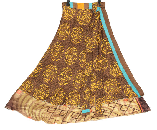 Sushila Vintage Brown Art Silk Saree Magic Wrap Floral Reversible Skirt Beach Dress