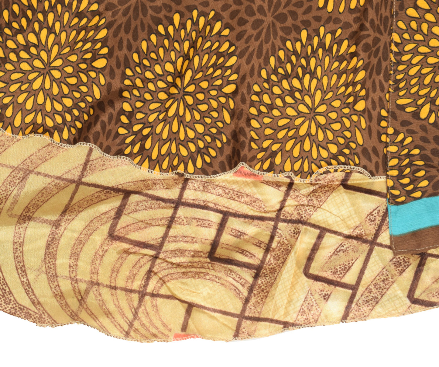 Sushila Vintage Brown Art Silk Saree Magic Wrap Floral Reversible Skirt Beach Dress