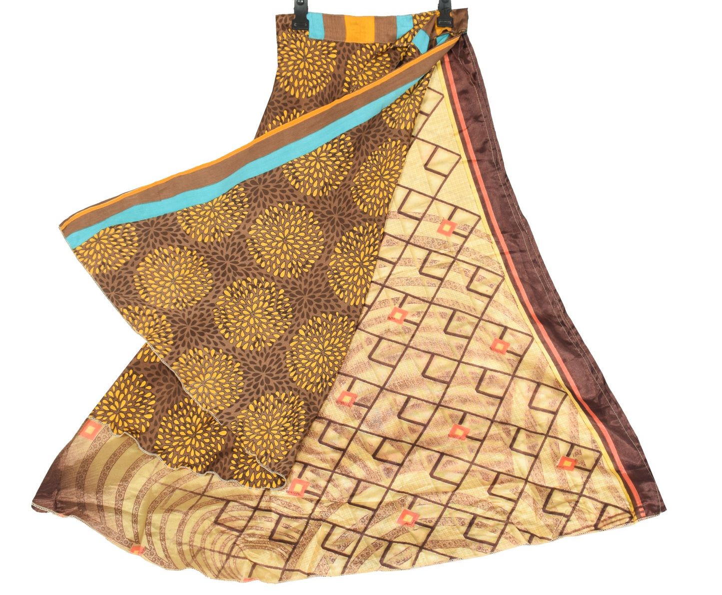 Sushila Vintage Brown Art Silk Saree Magic Wrap Floral Reversible Skirt Beach Dress