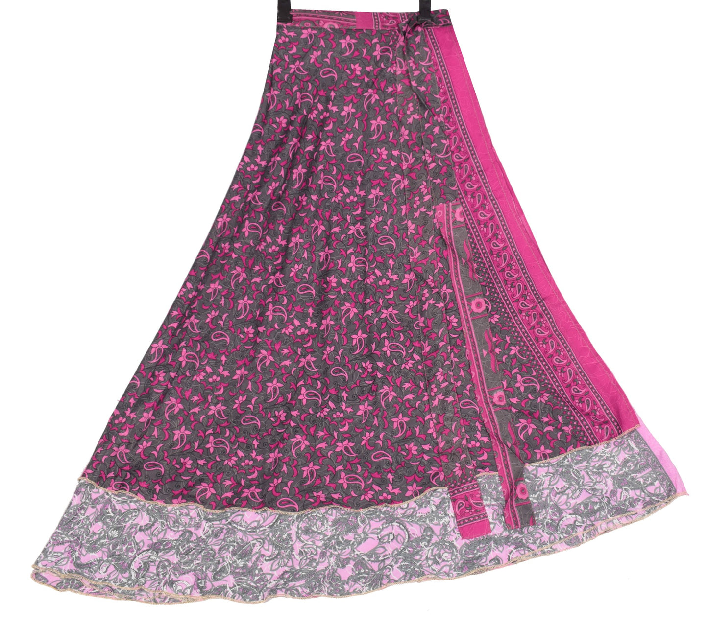 Sushila Vintage Pink Art Silk  Saree Magic Wrap Reversible Skirt Paisley Beach Dress
