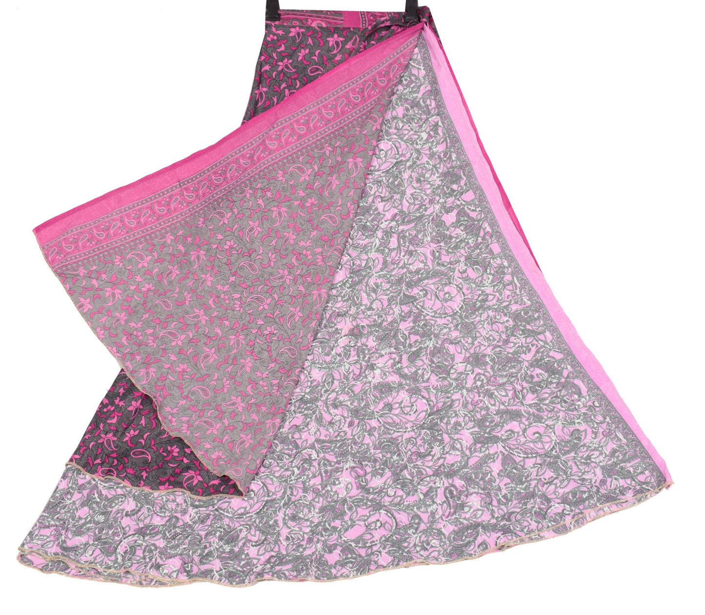Sushila Vintage Pink Art Silk  Saree Magic Wrap Reversible Skirt Paisley Beach Dress