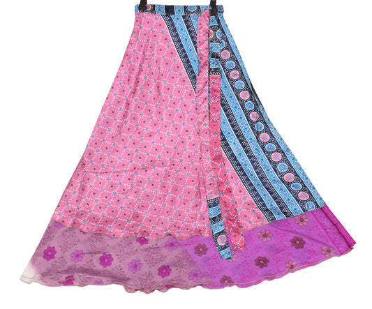 Sushila Vintage Pink Art Silk Saree Magic Wrap Reversible Skirt Beach Dress Boho