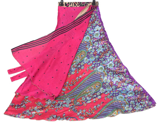 Sushila Vintage Art Silk Saree Magic Wrap Reversible Magenta Skirt Beach Dress
