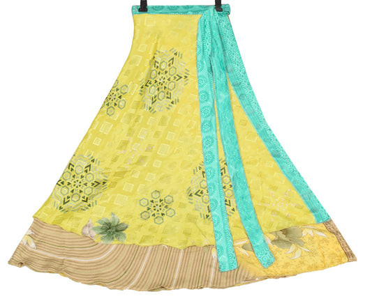 Sushila Vintage Art Silk Saree Magic Wrap Reversible Skirt Beach Dress Yellow