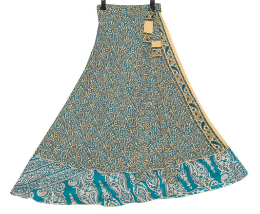 Sushila Vintage Art Silk Saree Magic Wrap Reversible Skirt Teal Blue Beach Dress Boho