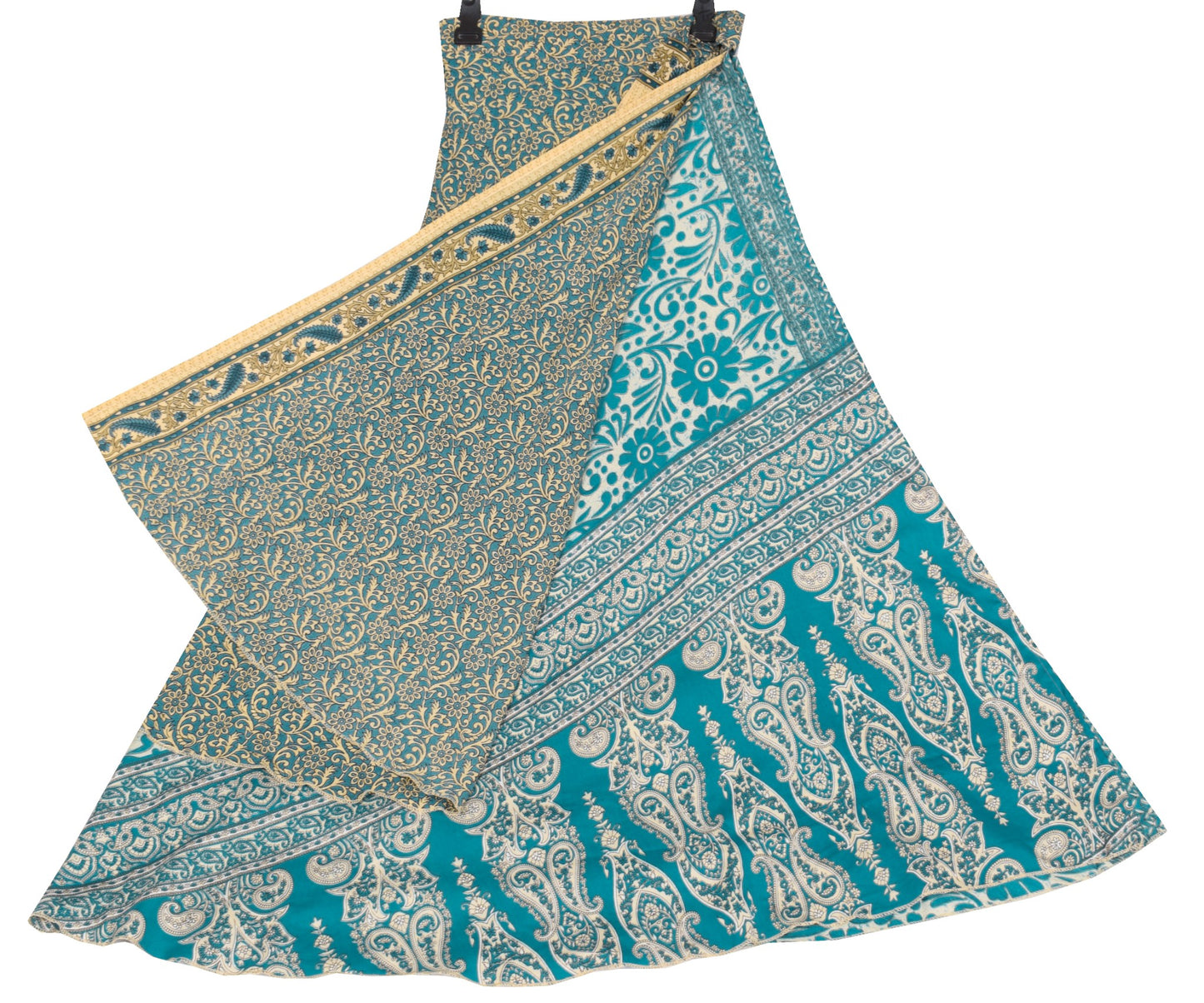 Sushila Vintage Art Silk Saree Magic Wrap Reversible Skirt Teal Blue Beach Dress Boho
