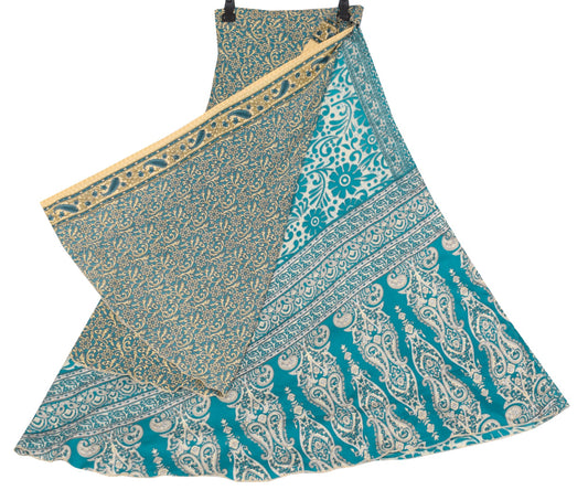 Sushila Vintage Art Silk Saree Magic Wrap Reversible Skirt Teal Blue Beach Dress Boho
