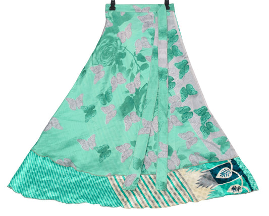 Sushila Vintage Art Silk Saree Magic Wrap Aqua Green Reversible Skirt Beach Dress